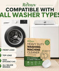 Heavy Duty Washing Machine Cleaner And Descaler With Ultra Thick Time Release Formula Fast Dissolving Effervescent Action For Front Load Or Top Loader No Sweat Deep Clean Pro Grade Extra Large Mega Tabs on display with front load and top load washers.