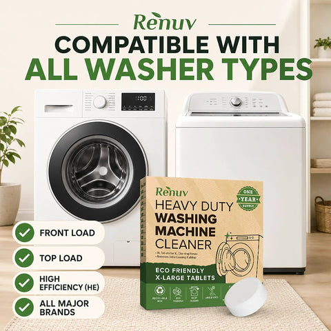 Heavy Duty Washing Machine Cleaner And Descaler With Ultra Thick Time Release Formula Fast Dissolving Effervescent Action For Front Load Or Top Loader No Sweat Deep Clean Pro Grade Extra Large Mega Tabs on display with front load and top load washers.