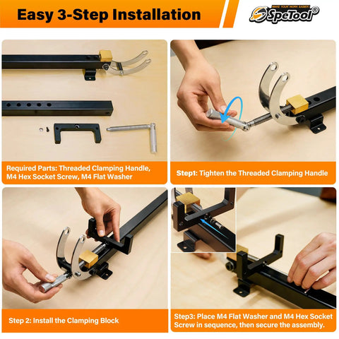Go-To Heavy Duty 48 Inch Panel Clamp Set Two Pack With 4 Way Pressure Steel Parallel Clamps For Flat Panels, Dining Tabletops, Wide Doors And Woodwork, Adjustable Parallelogram Couplers For Precise Cutting Board Projects. Easy 3-step installation diagram