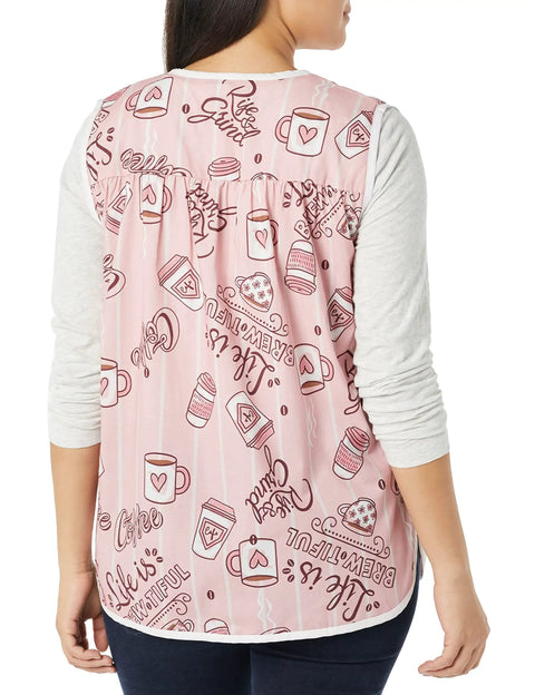 Hassle Free Snap Front Cobbler Apron Vest With Dual Patch Pockets Top Shelf Easy Care Smock back view showcasing coffee-themed design.