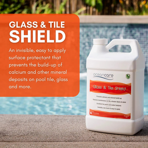 Glass And Tile Shield Gallon Protectant bottle by pool, labeled for calcium and mineral prevention on tiles, grout, and stone.