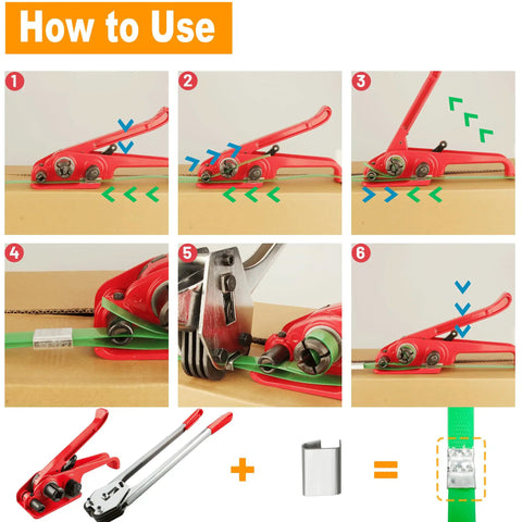 Step-by-step guide showing Heavy Duty Poly Strap Tensioner And Cutter Manual Banding Tool in use with polyester strap.