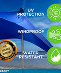 Blue Ultra Portable Beach Tent Sun Shade 10x10 Ft UPF50 Plus with warranty badge, windproof, water resistant icons on beach.