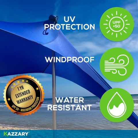 Blue Ultra Portable Beach Tent Sun Shade 10x10 Ft UPF50 Plus with warranty badge, windproof, water resistant icons on beach.