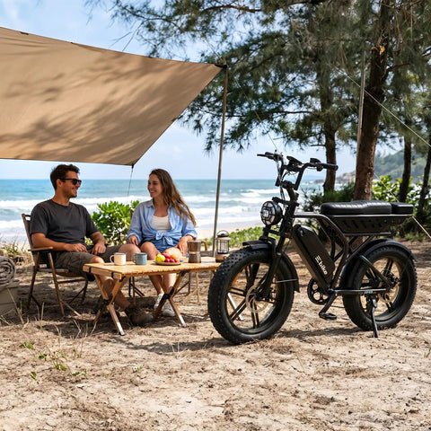 Adult Electric Bike, 750W Motor 1500W Peak Power beside a couple enjoying refreshments on the beach.