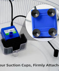 Blue low power submersible cat fountain pump replacement with LED, DR-DC160 model, four suction cups shown in detail.