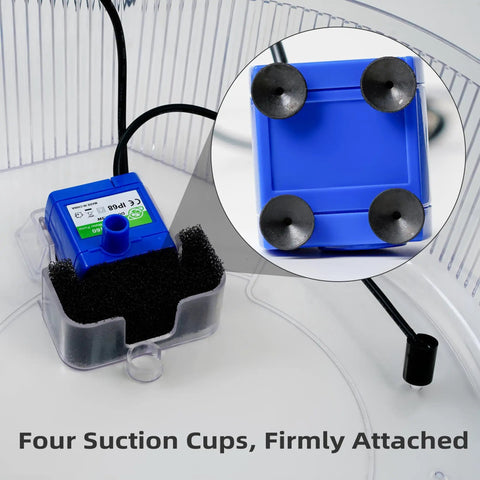 Blue low power submersible cat fountain pump replacement with LED, DR-DC160 model, four suction cups shown in detail.