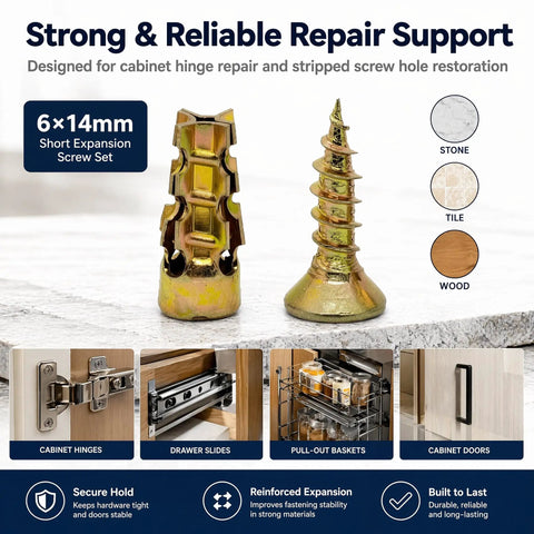 Heavy Duty 6x14mm Short Expansion Screws Kit For Cabinet Door Hinge Repair And Stripped Thread Fix, Zinc Plated Anchors