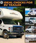RV, truck, trailer, and small aircraft beside text 'Ideal Chocks for RV Trailer' featuring 4 Pack Tough Wheel Chocks For RV Trailer And Truck Non Slip Hard Plastic Tire Blocks With Handles Lightweight Anti Roll Wheel Stoppers For Campers Cars Trailers On Uneven Surfaces