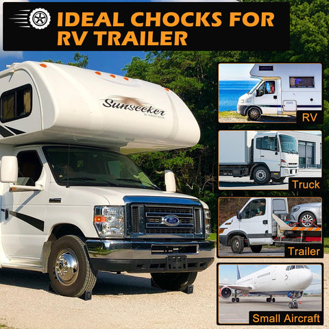RV, truck, trailer, and small aircraft beside text 'Ideal Chocks for RV Trailer' featuring 4 Pack Tough Wheel Chocks For RV Trailer And Truck Non Slip Hard Plastic Tire Blocks With Handles Lightweight Anti Roll Wheel Stoppers For Campers Cars Trailers On Uneven Surfaces