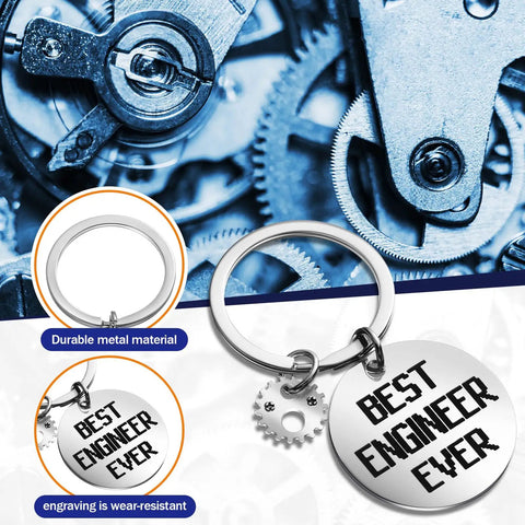 Keychain from Engineer Appreciation Gift Set with 'Best Engineer Ever' engraving against mechanical gears background.