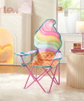 Ice Cream Themed Kids Folding Camp Chair with Cup Holder and Carry Bag in colorful room setup, 14x14x26 inches.