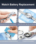 Steps for using Watch Repair Tool Kit For Battery Replacement, showing watch disassembly, opener use, and battery swap.