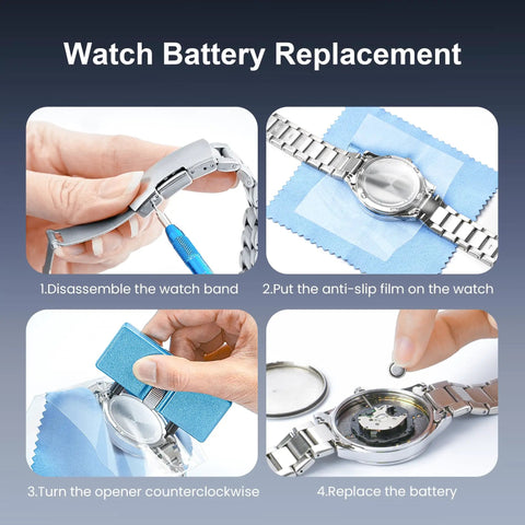 Steps for using Watch Repair Tool Kit For Battery Replacement, showing watch disassembly, opener use, and battery swap.
