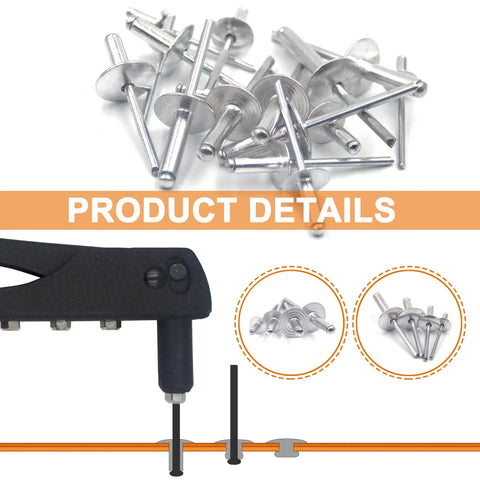 60-Piece Large Flange Aluminum Blind Rivets Kit With Heavy Duty Hand Riveter Tool for One Eighth Inch and larger sizes shown.