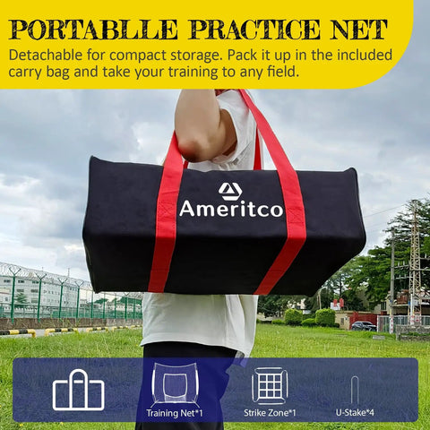Person carrying a 7x7ft Baseball Practice Net With Strike Zone And Large Pocket Target in a black and red portable bag
