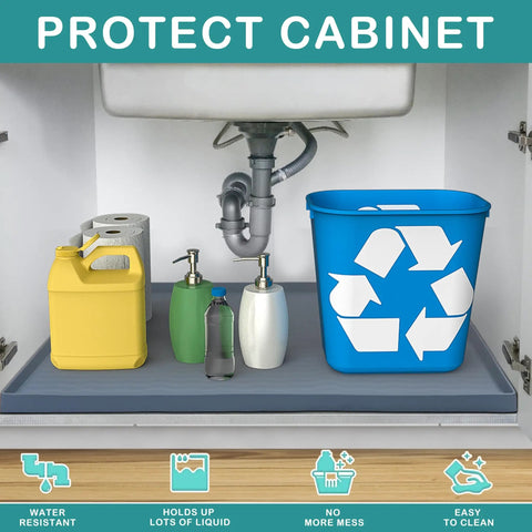 Under Sink Mat Silicone Waterproof 31x22 Inches for Kitchen and Bathroom, cabinet protector with cleaning supplies and recycling bin.