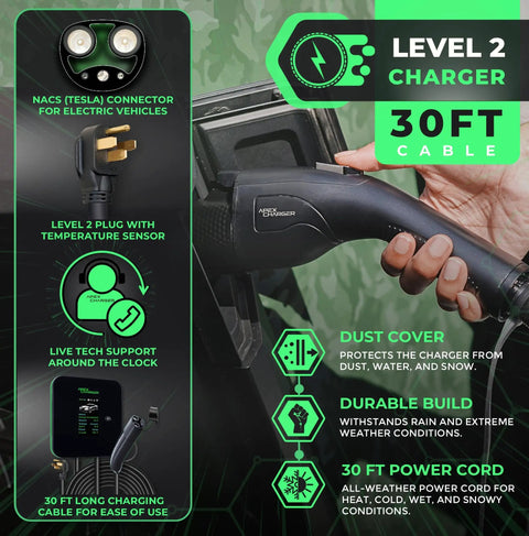 Heavy Duty Level 2 Ev Charger With Tesla Nacs Plug 48 Amp Wall Mount Charging Station 30 Ft Cord features a durable design and weatherproof capabilities.