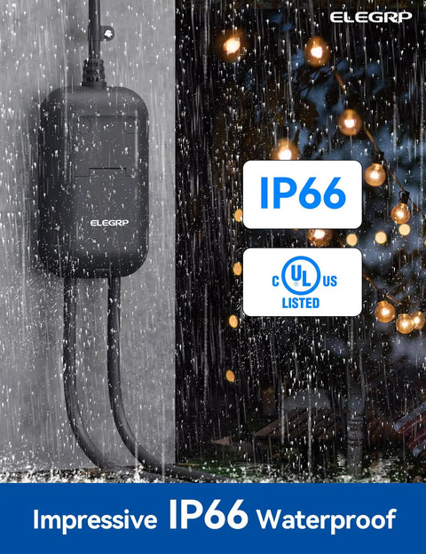 Weatherproof Outdoor Smart Plug IP66 With 2 Independent Sockets No Fuss WiFi Enabled Plug Connects With Alexa And Google Assistant Perfect For Patio String Lights And Outdoor Decor UL Certified 2 Pack Black powering lights in rain.
