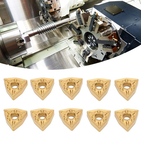 Heavy Duty CNC Lathe Turning Inserts Set With Indexable Solid Carbide Blades For Steel And Heat Alloys, WNMG080408-TM LF9018, 10 Pcs High Performance Cutting Inserts displayed with a CNC machine detail.