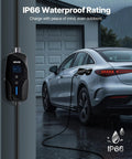 Charge Anywhere Level 1 and Level 2 Portable EV Charger With 25 Foot Cable connected to car in driveway with rain visible