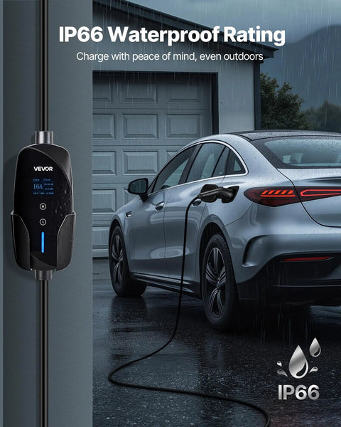 Charge Anywhere Level 1 and Level 2 Portable EV Charger With 25 Foot Cable connected to car in driveway with rain visible