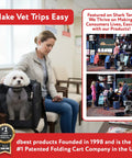 Woman with Rolling Pet Carrier With Wheels, Airline Approved Under Seat TSA Dog Cat Carrier For Air Travel, in a vet clinic.
