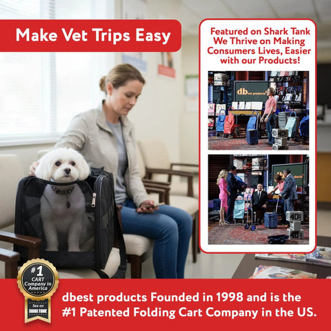 Woman with Rolling Pet Carrier With Wheels, Airline Approved Under Seat TSA Dog Cat Carrier For Air Travel, in a vet clinic.