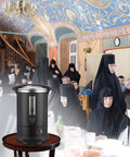 Workhorse 120 Cup Commercial Coffee Maker With 18 L Stainless Steel Urn on a table in a dining hall setting