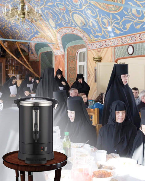 Workhorse 120 Cup Commercial Coffee Maker With 18 L Stainless Steel Urn on a table in a dining hall setting