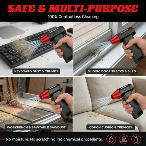 Powerful 130000 RPM Cordless Air Duster used on keyboard, door tracks, workbench, and couch for tight spaces and delicate gear