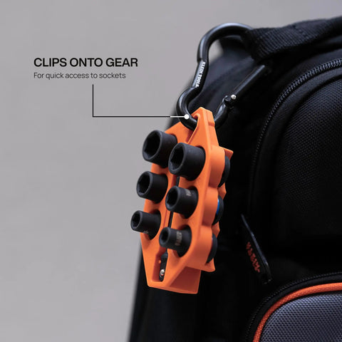 Grab And Go Impact Socket Set With Sleeve And Carabiner, SAE Seven Piece For Three Eighths Inch Drive, hanging on a backpack