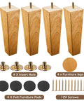 Eight Inch Square Wood Furniture Legs Set Of 4 With Mounting Plates And Hanger Bolts Durable Rubber Wood Feet For Sofa Couch Dresser Sideboard And Coffee Table Mid Century Style Replacement Parts shown with hardware accessories