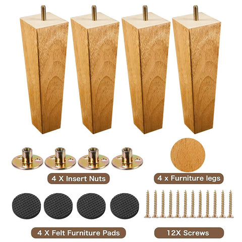 Eight Inch Square Wood Furniture Legs Set Of 4 With Mounting Plates And Hanger Bolts Durable Rubber Wood Feet For Sofa Couch Dresser Sideboard And Coffee Table Mid Century Style Replacement Parts shown with hardware accessories