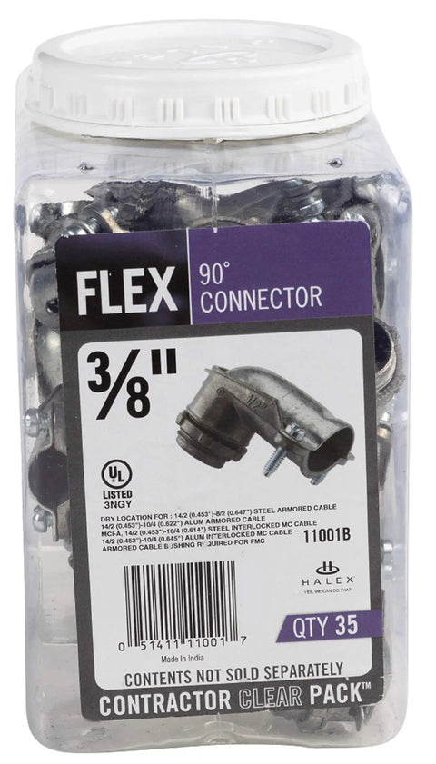 Container of 3/8 In Flex 90 Degree Connector For FMC Metal Clad And Armored Cable To Steel Outlet Box Secure Bonding Tight Fit Easy Install 1/2 In Knockout CCP Style, pack of 35