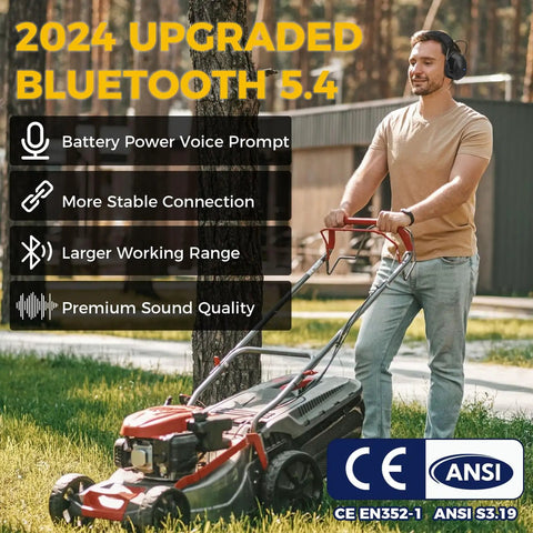 Person mowing lawn with Gel Ear Cushions Bluetooth Five Point Four Hearing Protection Headphones, lawnmower in background.