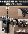3-In-1 Dowel Jig Kit for Precise Doweling and Self Centering Alignment with Adjustable Width Drill Guides shown on wooden panel