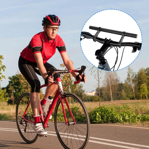 Cyclist on road with inset image of Ultra Long Bike Handlebar Extender Eleven Point Eight Inches Aluminum Alloy Cross Bar