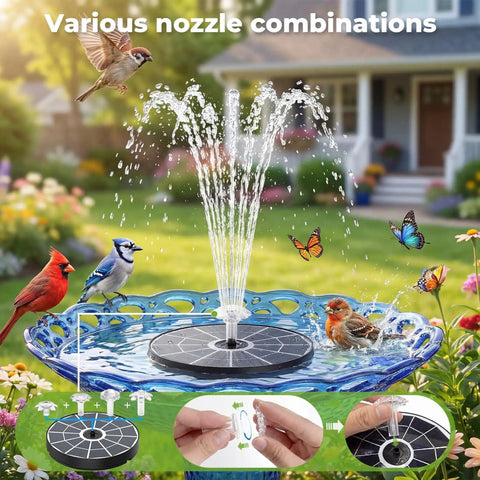 Upgraded 3.7W Glass Solar Panel Bird Bath Fountain Pump With Integrated Bracket And Storage Perfect For Garden Pond Aquarium And Outdoor Use Delivers Strong Sun Powered Water Spray And No Fuss Setup in operation attracting birds