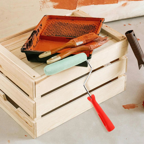 Easy Peasy Mini Paint Roller Brush With Comfy Handle For Smooth Ceiling And Cabinet Repainting next to a paint tray.