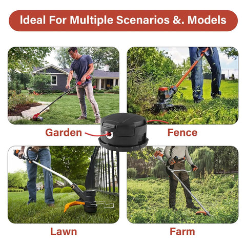 Image showing a Three Pack Universal String Trimmer Head Fits Echo Speed Feed 400 And More Weed Eater Three And Three Quarter Inch Diameter M10 By 1.25 Bolt For SRM230 SRM225 SRM210 PAS210 PAS230 PAS260 Shindaiwa T195S T220 T222 T230 T231 Straight Shaft being used in garden, fence, lawn, and farm settings.