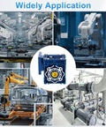 Collage showing NMRV040 Beefy Worm Gearbox With High Torque Speed Reducer 5 To 1 Ratio used in various industrial applications.