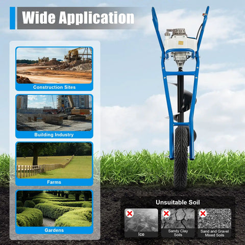 Powerful 63cc Gas Powered Post Hole Digger with Single Wheel Cart showing applications for building sites, farms, and gardens