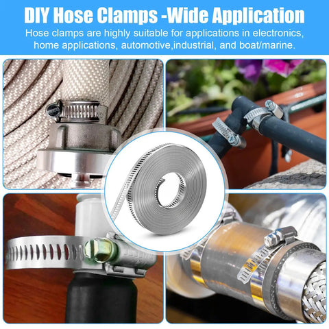 Heavy Duty 304 Stainless Steel Hose Clamp Kit with 32.8ft adjustable metal strap and 30 fasteners in various applications
