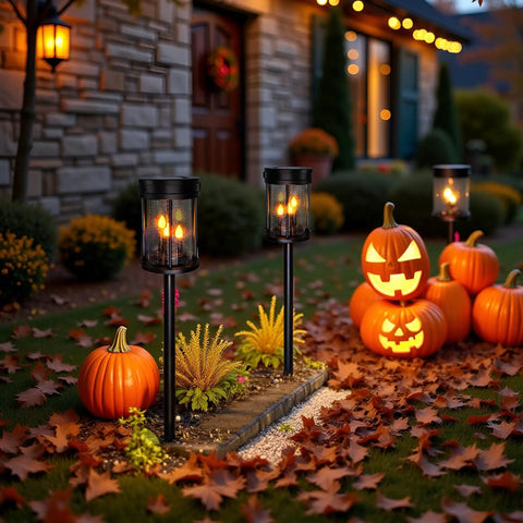 Outdoor Solar Stake Lights With Flickering Candle Lanterns For Yard And Patio 2 Pack Black enhancing Halloween decor
