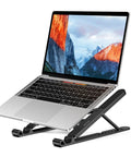 Ergonomic Laptop Stand For 10 To 14 Inch Laptops Portable Riser With 8 Adjustable Angles From 25 To 45 Degrees And Height From 3.5 To 6.3 Inches Fits Notebook Computers Black shown with a laptop installed.