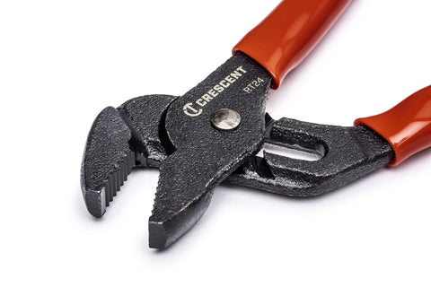 Close-up of 4-1/2 Inch Mini Tongue And Groove Pliers with V Shaped Jaws, rivet construction, red handles, and offset design