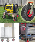 Heavy Duty Industrial Casters Delivering Quiet Smooth Rolling with shock absorbing inflatable tires holding a generator and equipment.