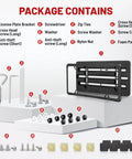 Stainless Steel License Plate Bracket And Frame Kit For Front Bumper Universal Fit 6x12 Inch Plate Holder With Screws Caps Nuts And Wrench For Cars Trucks SUVs Vans, showing all included components listed and displayed on white platforms.