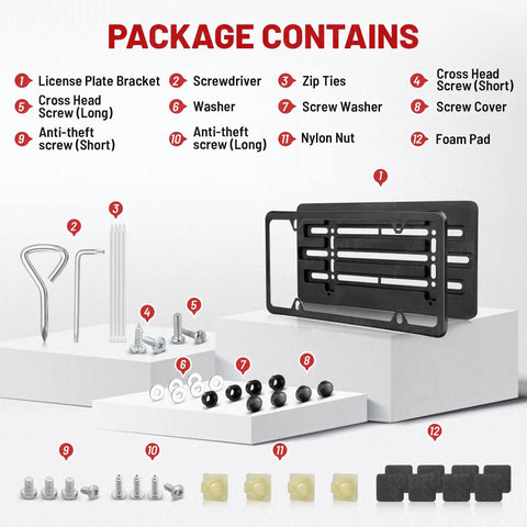 Stainless Steel License Plate Bracket And Frame Kit For Front Bumper Universal Fit 6x12 Inch Plate Holder With Screws Caps Nuts And Wrench For Cars Trucks SUVs Vans, showing all included components listed and displayed on white platforms.